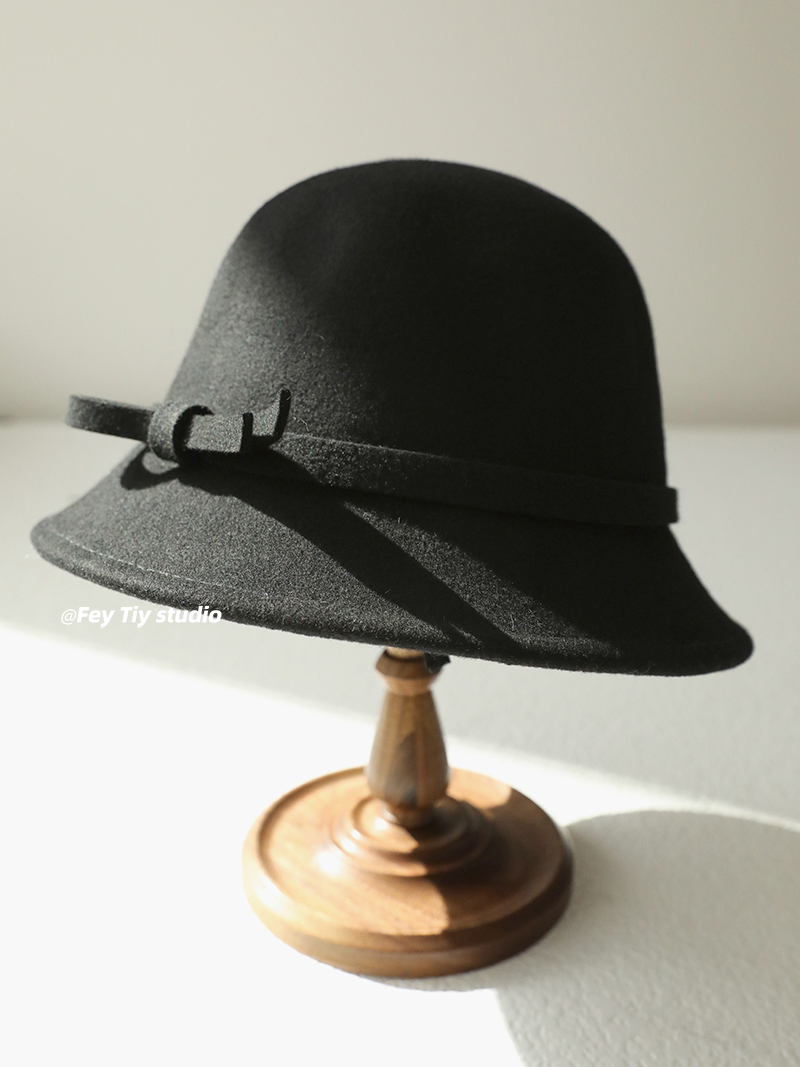 100%wool纯羊毛蝴蝶结渔夫帽赫本风羊毛呢礼帽盆帽秋冬保暖百搭