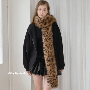 加长仿皮草保暖女百搭围脖 渐变豹纹毛毛围巾冬季 feytiy 时髦复古