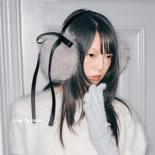 冬季格雷灰蝴蝶结大毛毛耳罩保暖