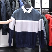 简约拼色时尚 条纹双领假两件针织衫 春秋季 男士 H家 撤标撤柜