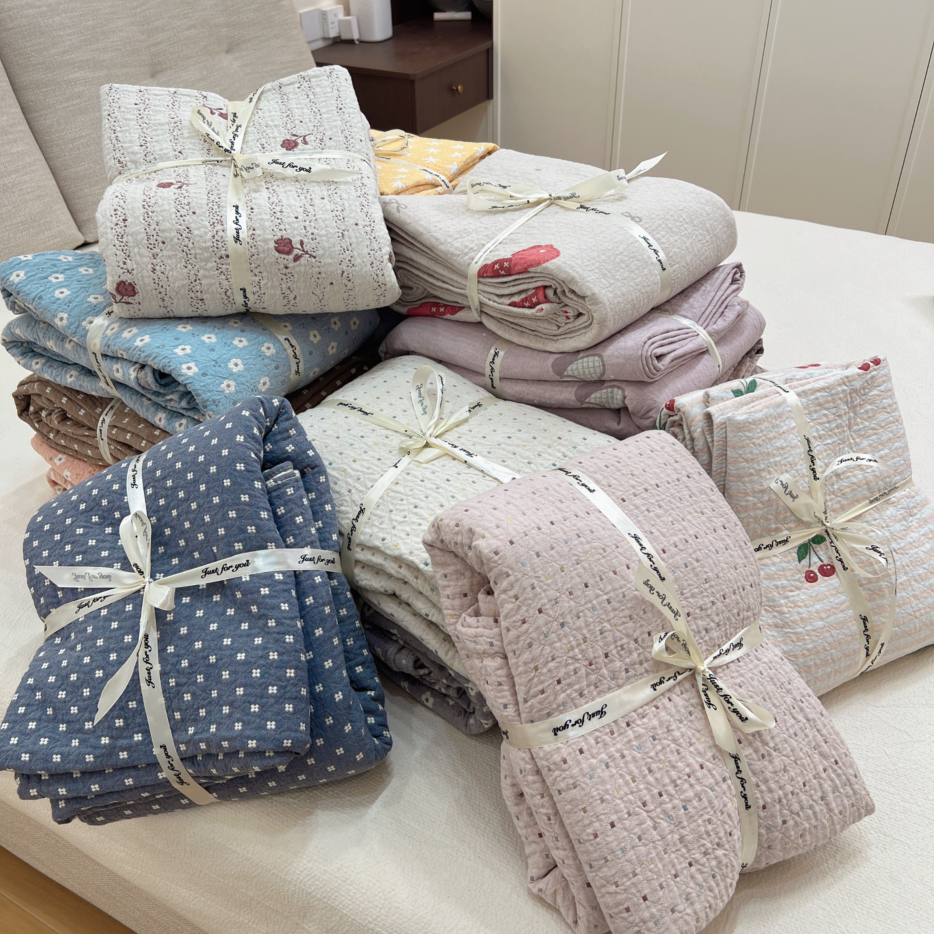 2026新款四层纯棉纱布水洗床盖色织提花安心棉艺术毯双人多功能毯