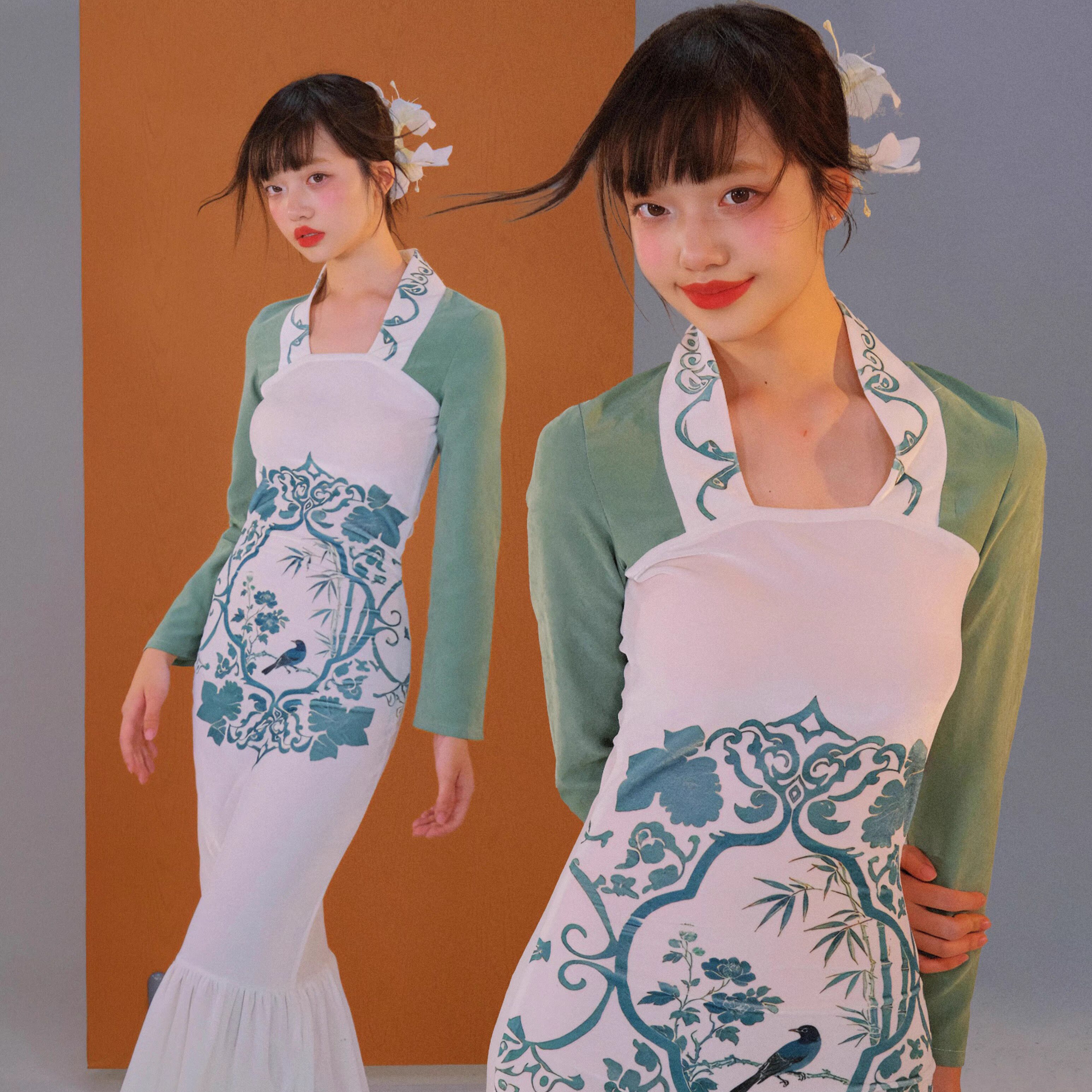 里织兀LZW｜白绿花鸟新中式丝绒秋小众设计包臀显瘦鱼尾连衣裙女,女装/女士精品,连衣裙,淘宝优惠券,粉丝福利购,淘宝优惠卷