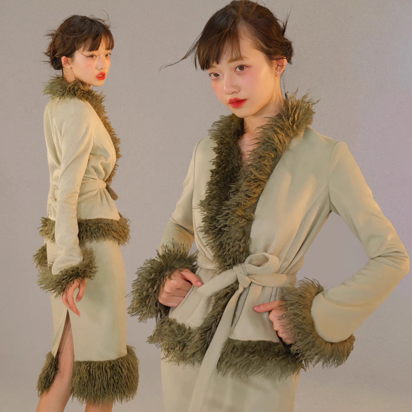 里织兀LZW茶绿色毛边复古套装