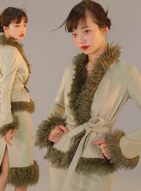 里织兀LZW |韩系一整套深冬穿搭绿色毛边喇叭袖显瘦气质高级感