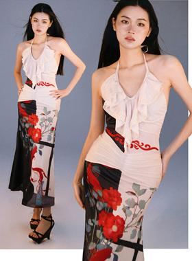 新中式挂脖连衣裙女花卉印花修身显瘦复古气质春季连衣裙女新款