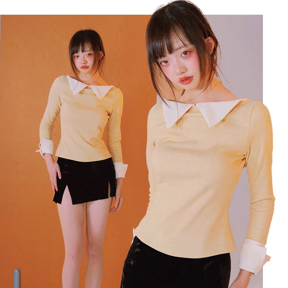 里织兀小翻领黄色修身上衣