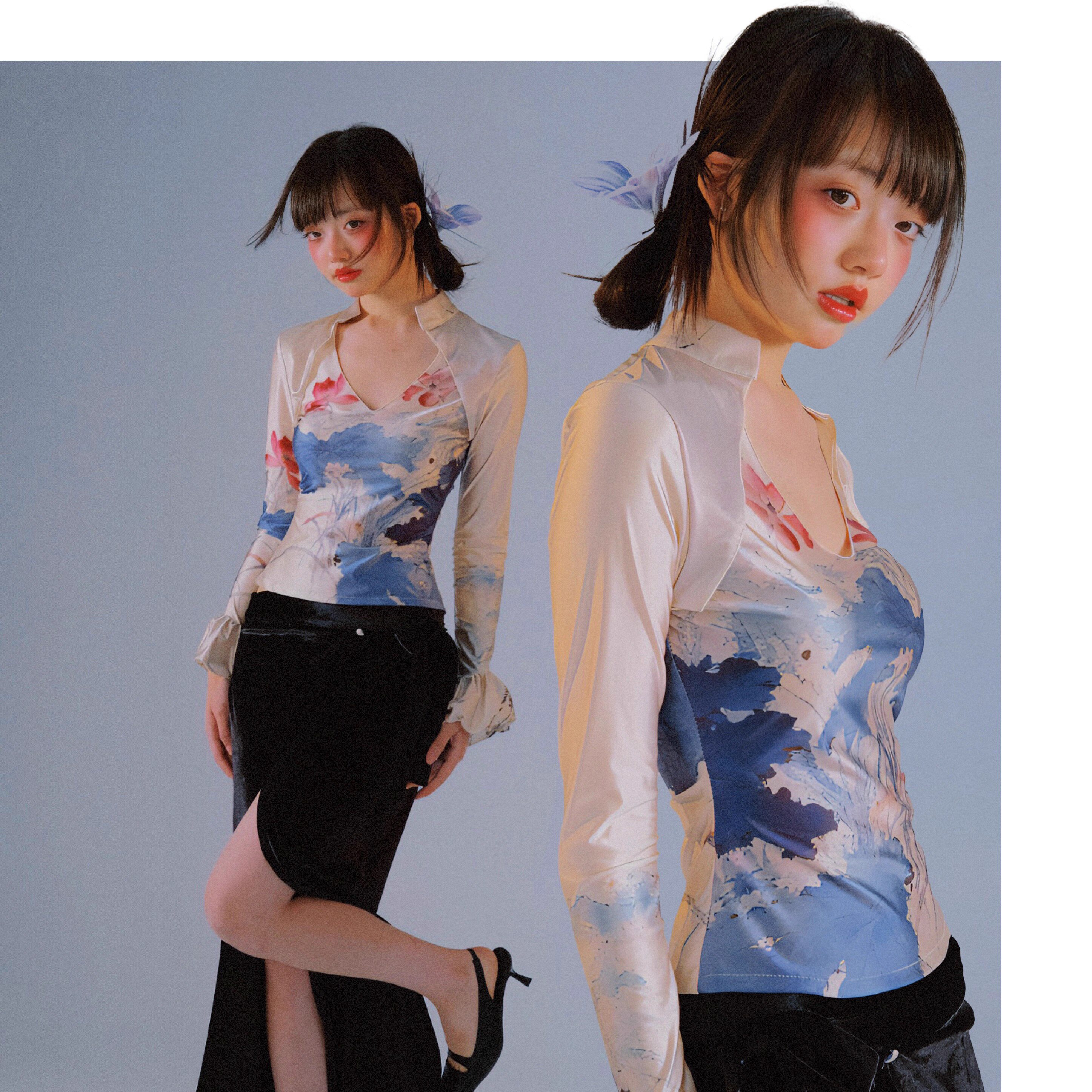 里织兀LZW |新中式立领小V油光荷花长袖上衣黑色一片式半裙套装女,女装/女士精品,时尚套装,淘宝优惠券,粉丝福利购,淘宝优惠卷