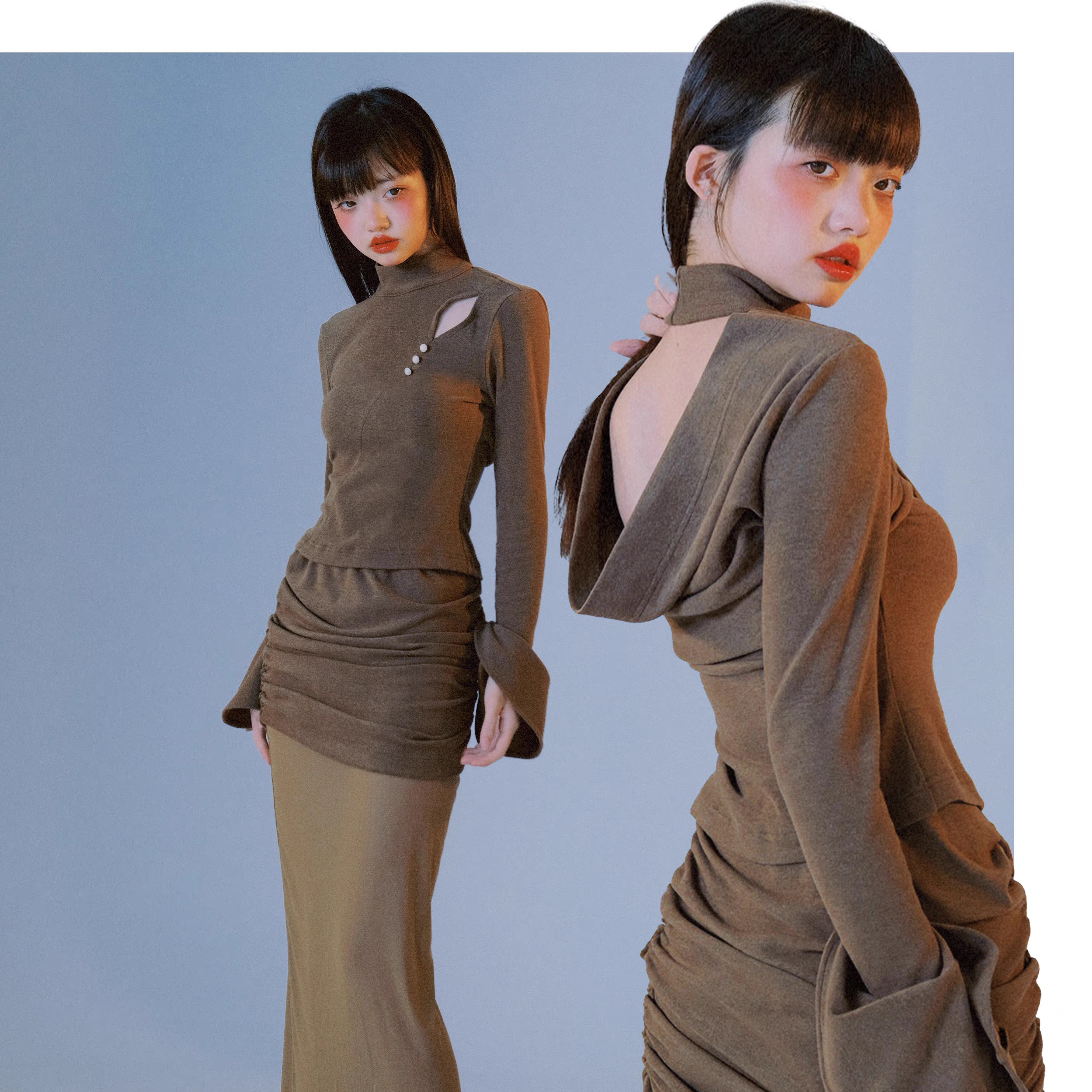 中高领露背斜口喇叭袖上衣