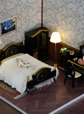 12分娃屋bjd配件ob11家具gsc微缩模型 欧式复古木制卧室家具套装