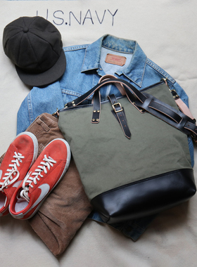 复古真皮帆布手工制托特手提斜挎包 canvas totebag