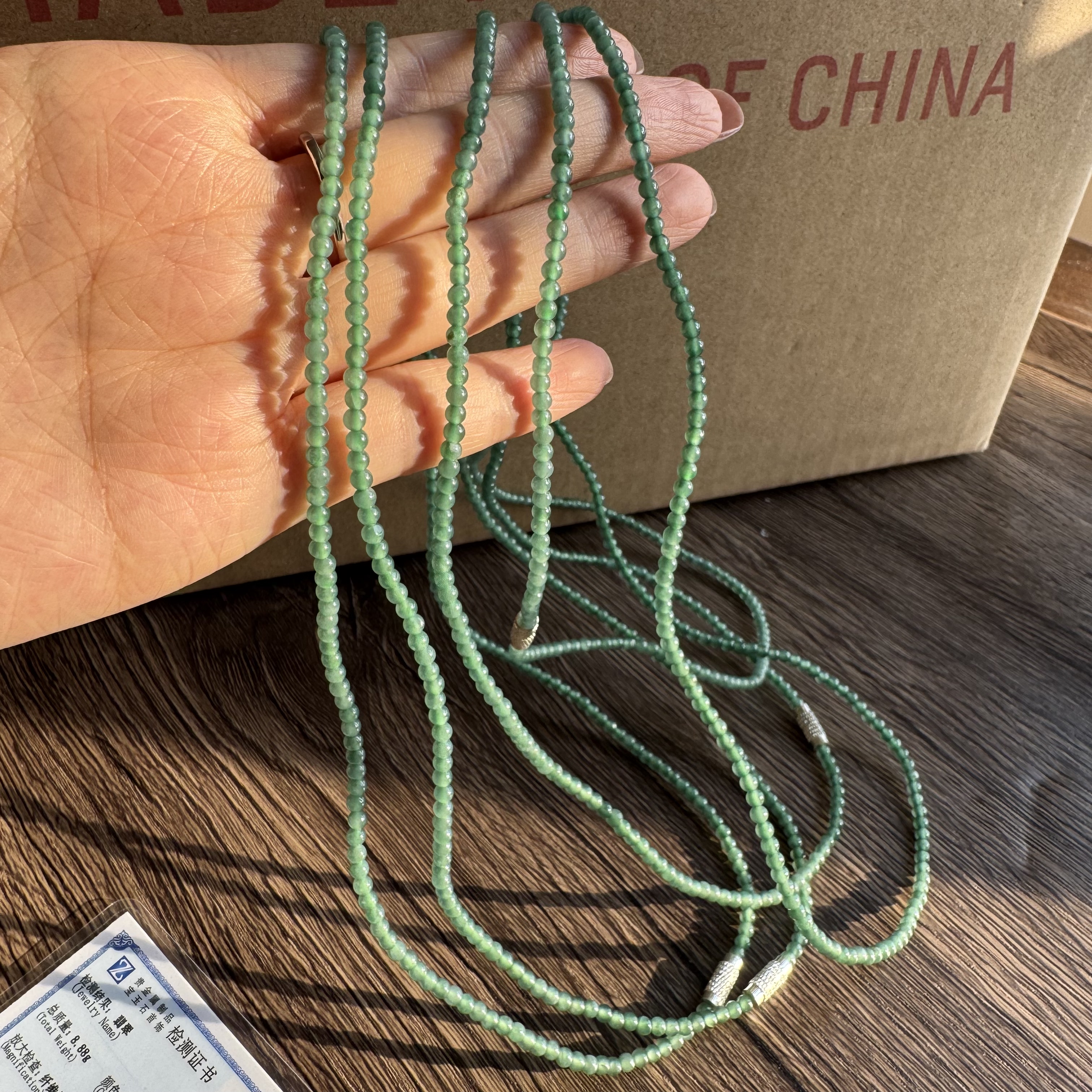 库存几十年带证书天然翡翠A货蓝水冰种小米珠子圆珠项链成品一条