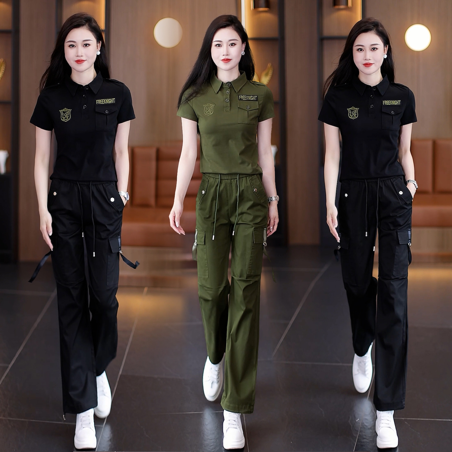 高档工装套装女夏款2025新款广场舞迷彩服外套短袖长裤户外运动两