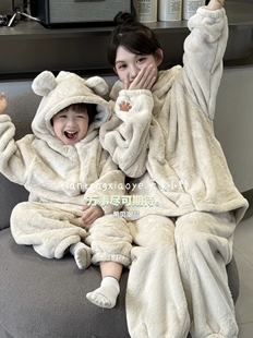 希贝潮品 秋冬新款猫耳朵亲子睡衣 男女童糯米绒保暖家居服两件套