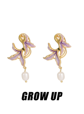 GROW UP原创中古风巴洛克珍珠耳钉2024新款爆款紫色花朵复古耳环