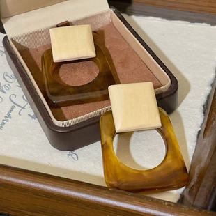 GROW UP原创几何方形木质咖色树脂晕染港风夸张复古耳环女美拉德