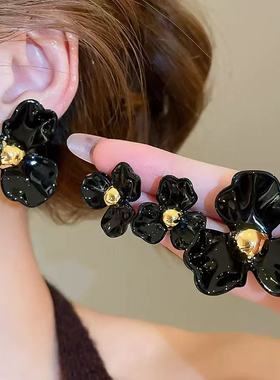 【GROWUP】黑色花朵耳环女轻奢高级感气质耳饰优雅金属花朵耳钉