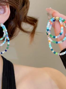 【GROW UP】原创设计彩虹乐园多巴胺彩色串珠蓝色耳环2025爆款