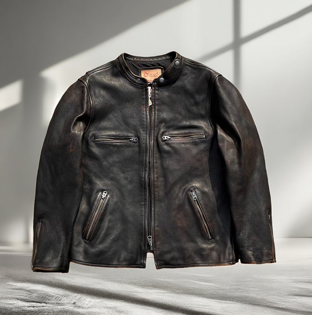 全植鞣厚马皮复古做旧机车皮衣男