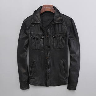 款 日单时尚 修身 男式 皮夹克真皮衬衣 休闲皮衣自然褶皱绵羊皮衬衫