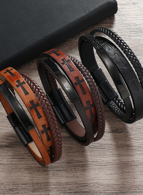 饰品印花十字男士皮质编织磁铁扣手链 日常佩戴送礼百搭简约手环