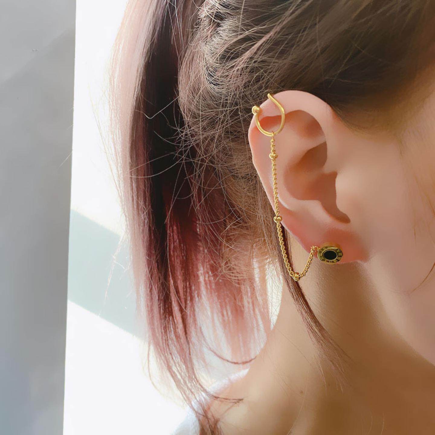 韩版简约钛钢耳线女罗马圆形黑贝