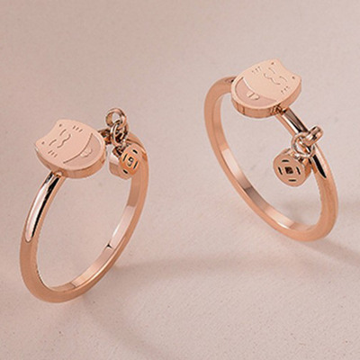 韩版时尚招财猫铜钱钛钢玫瑰金