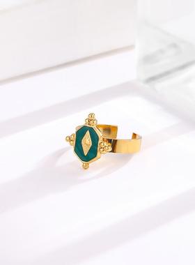 法式宫廷风祖母绿开口钛钢戒指女