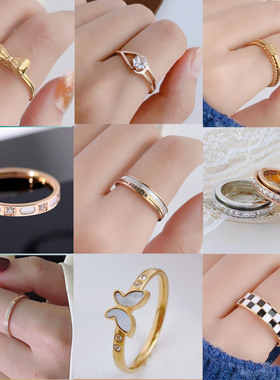 简约复古蝴蝶白贝锆石钛钢戒指女