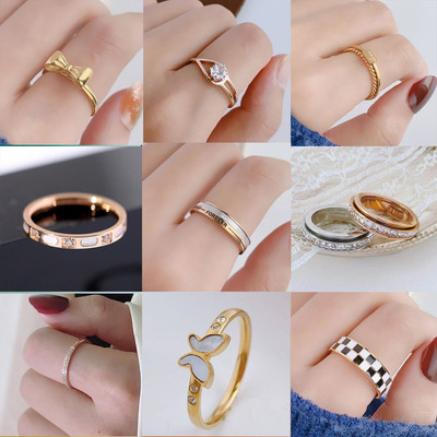 简约复古蝴蝶白贝锆石钛钢戒指女