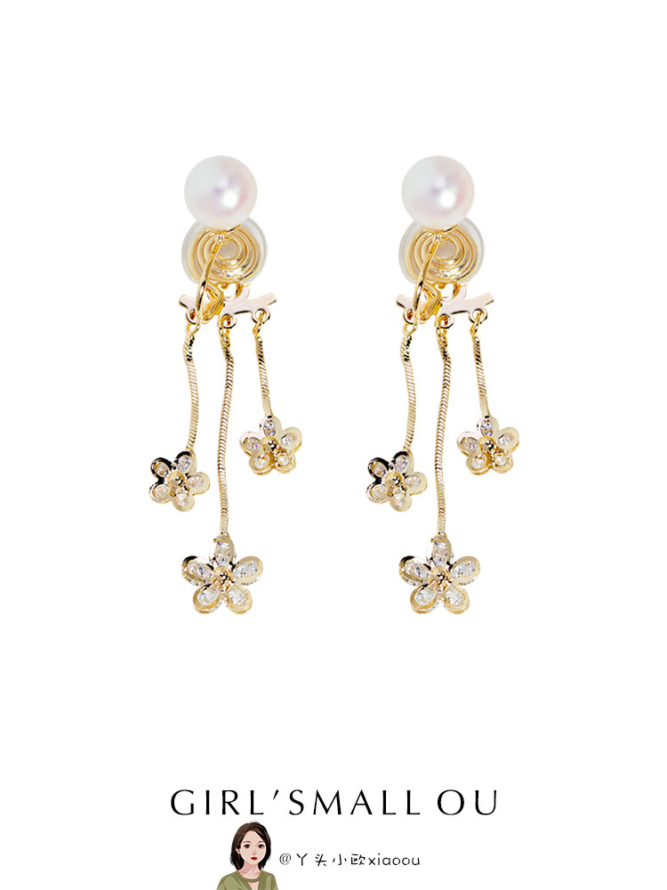 个性无耳洞甜美珍珠花朵耳夹后挂式蚊香盘闪锆时尚银针耳钉女耳饰