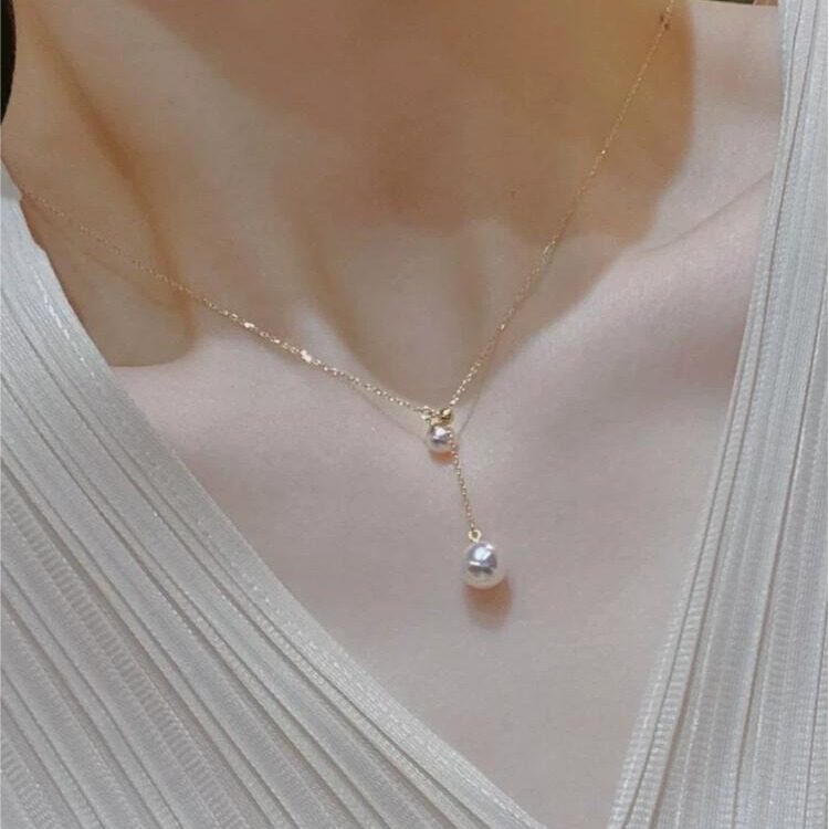高品质天然淡水珍珠双珠吊坠y字链搭配白透粉项链颈链锁骨链图片