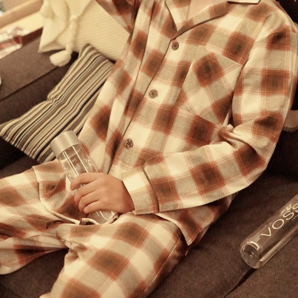 PJS秋冬春季男士纯棉双面磨毛睡衣家居服套装~咖啡格纹~