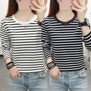 宽松显瘦胖mm长袖 黑白条纹打底衫 t恤内搭纯棉上衣服 女装 春秋大码