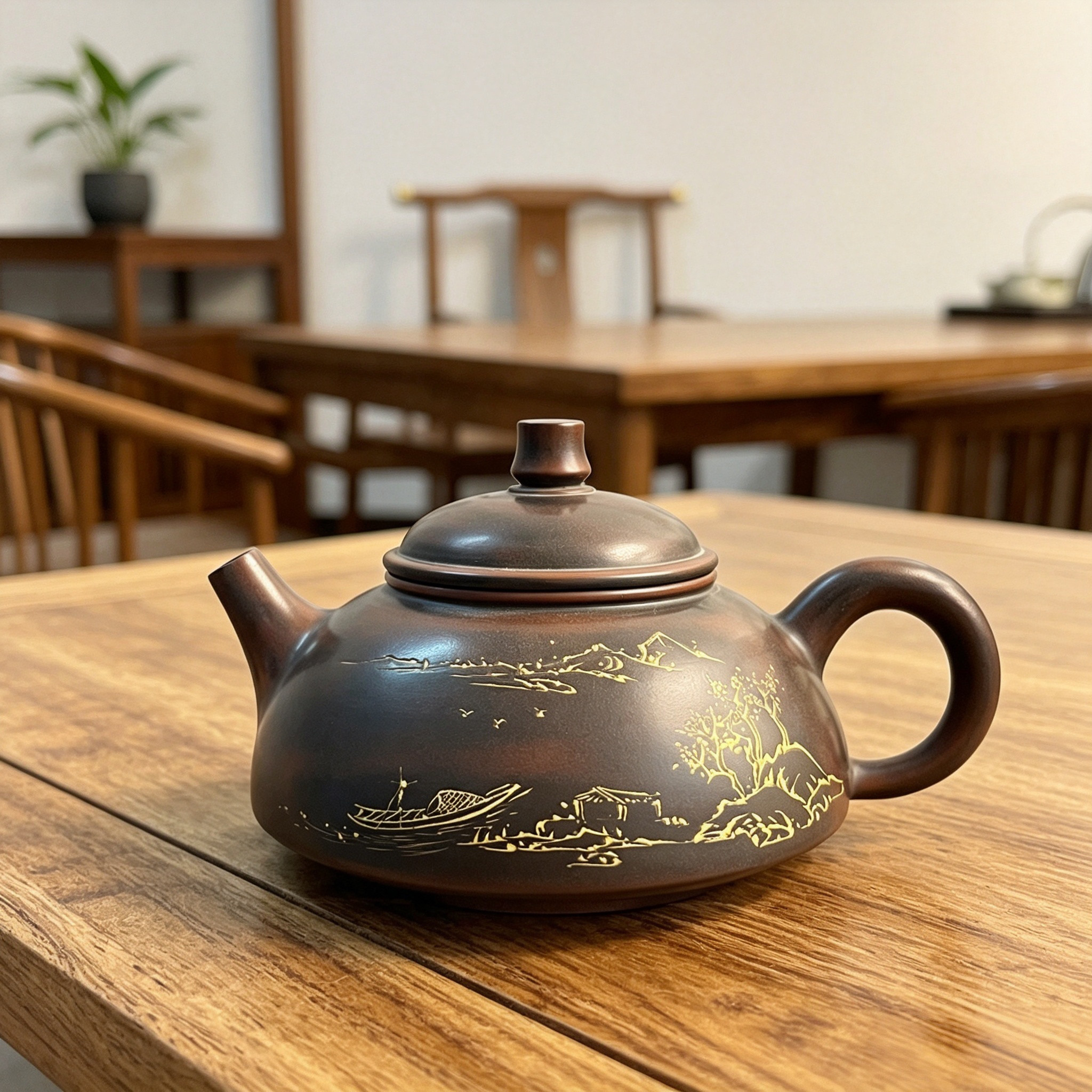 坭兴陶茶壶纯手工壶功夫茶具山水竹子霸王壶实物拍摄孤品