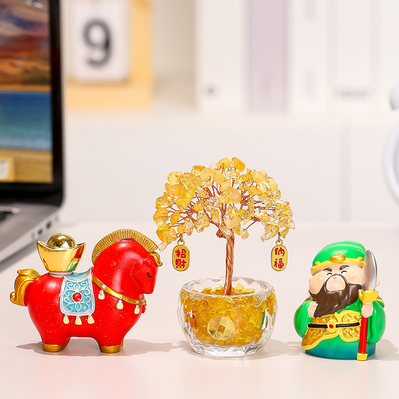 创意国潮马紫水晶发财树桌面装饰品关公办公室工位桌面解压小摆件
