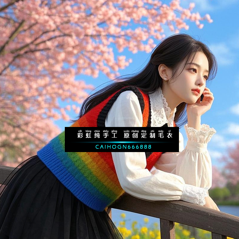 【原创纯手工毛衣】量身定制彩虹2025春秋针织短袖新款红色毛衣女