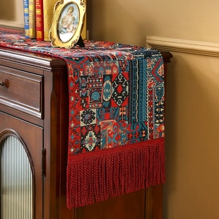 红色长条桌旗桌布美式复古高级感茶几装饰民族风轻奢旗布盖巾新款