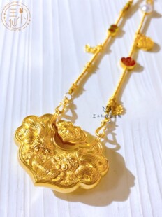 999足金手工古法金錾刻金大号富贵金鱼锁招财套链女士黄金项链