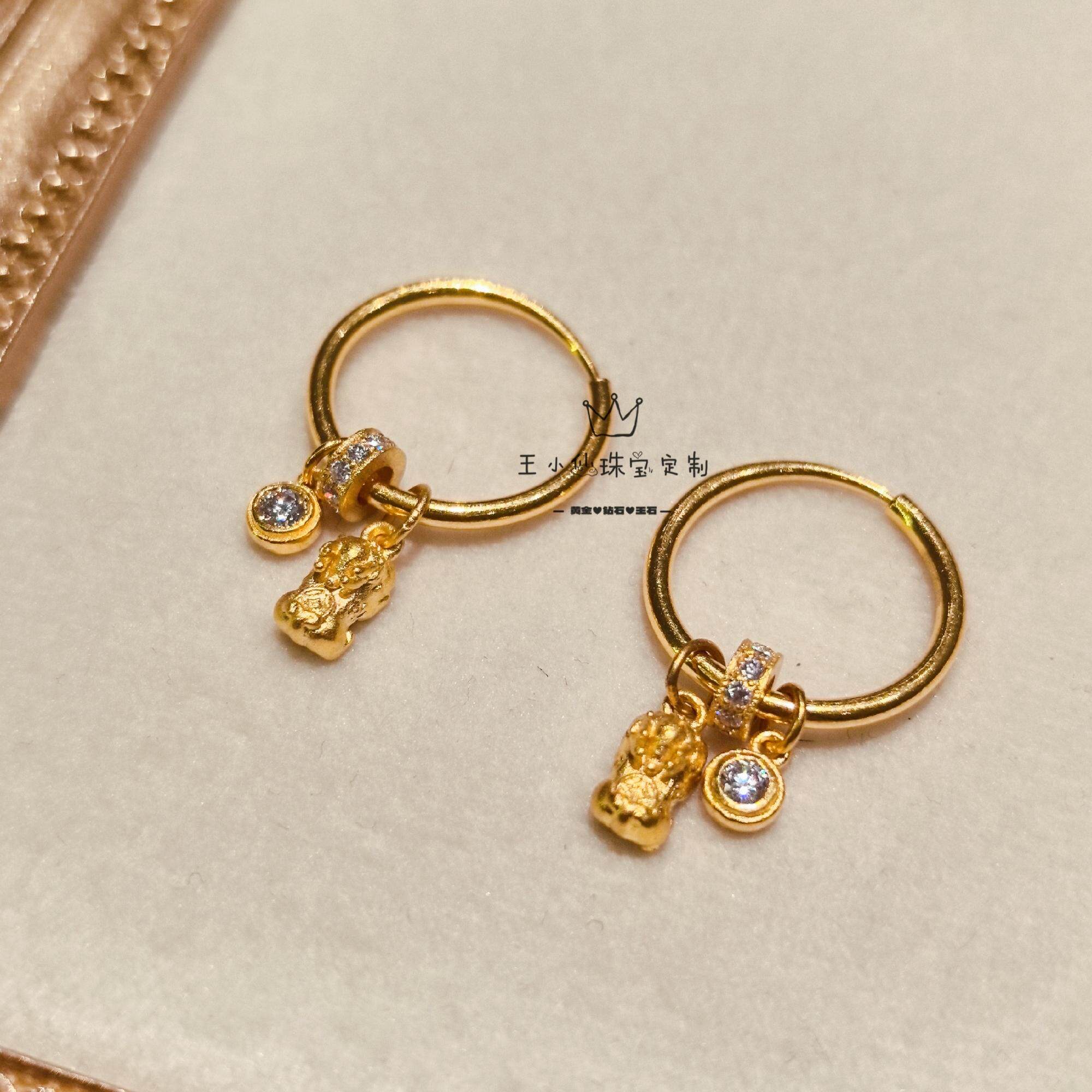 足金999传承古法金招财貔貅宝宝点钻工艺莫桑石泡泡耳环女