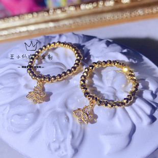 足金点钻工艺莫桑石单面小蝴蝶2mm小金珠闪闪蹦迪珠弹力绳戒指