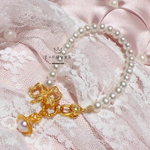 足金999莫桑石镶嵌闪闪黄金蝴蝶结少女心星球天然淡水珍珠手链女