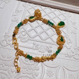 足金999手工古法金锤纹葫芦黄金盘缠天然翡翠A危料福禄延绵手链女