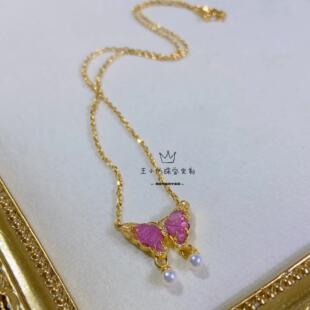 足金999古法金莫桑石天然碧玺蝴蝶淡水珍珠黄金项链女士金项链