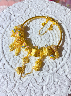 足金硬金工藝仙哆啦粉藍(lán)甜心彩虹公主遛貓?zhí)枪Y(jié)吊墜黃金套鐲