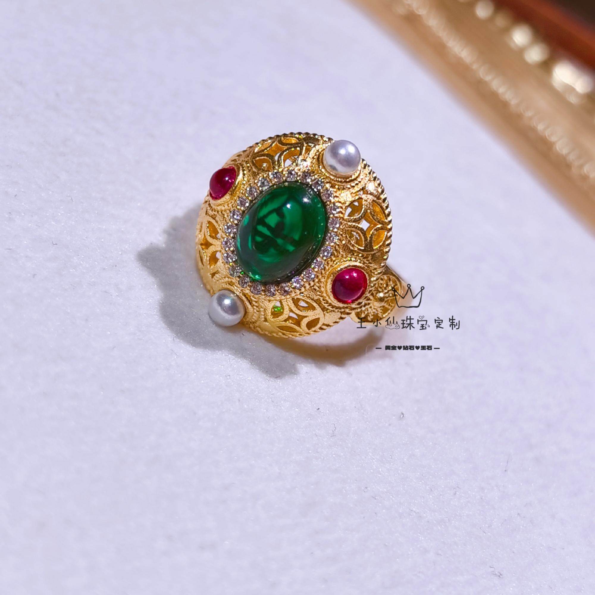 足金999宫廷古法红宝石绿宝石莫桑石招财铜钱图腾富贵黄金戒指女