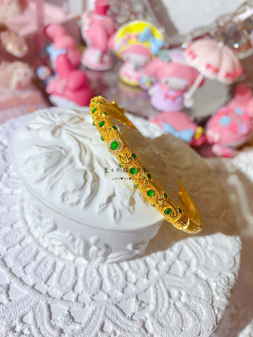 足金传承古法金镂空如意铜钱招财天然翡翠A货钻石镶嵌开口手镯