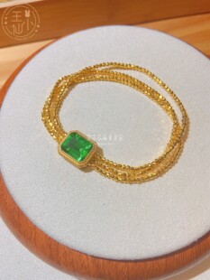 999足金宫廷复古风锆石方糖祖母绿色2mm镭射金珠三层手链