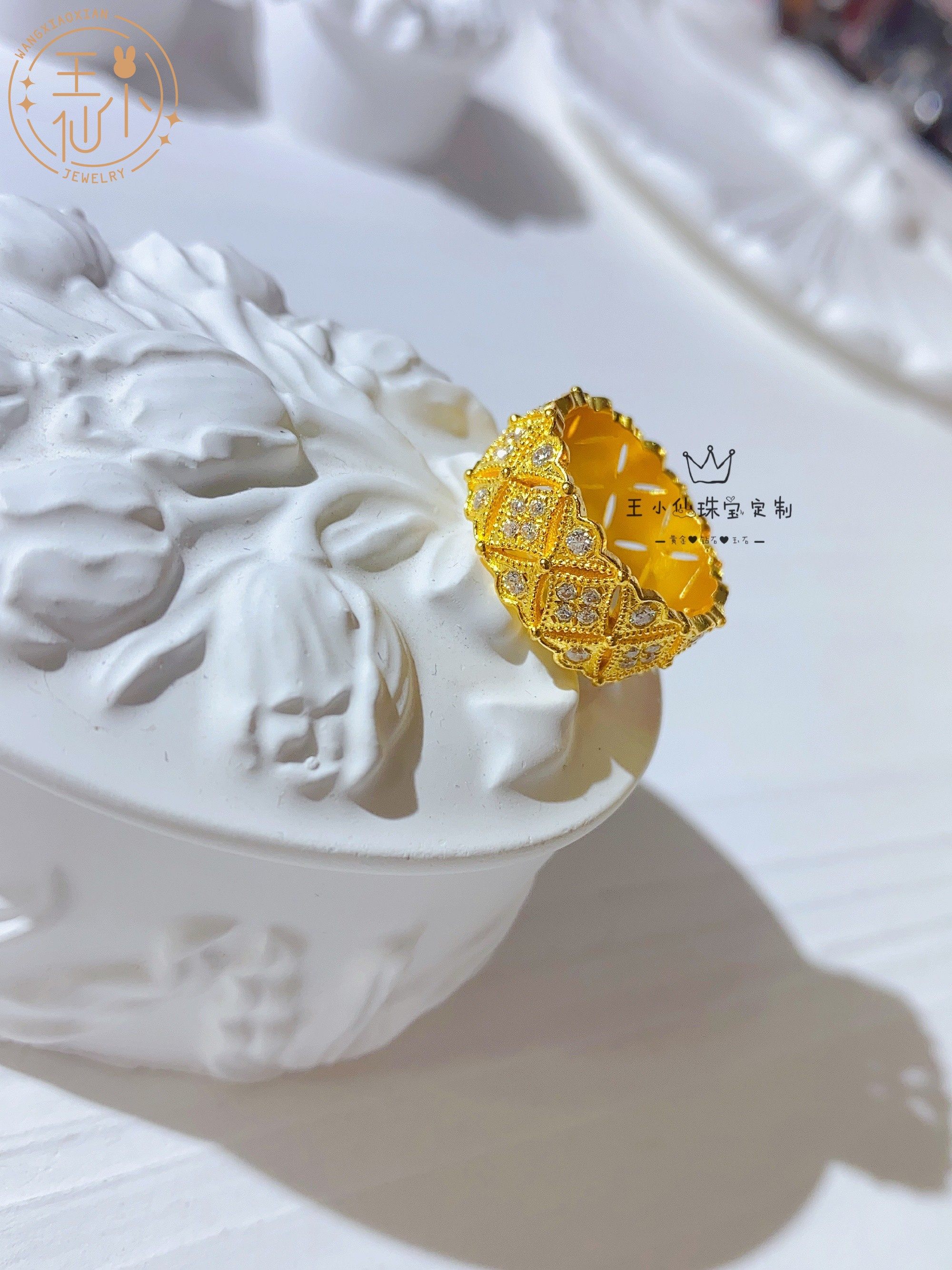 999足金精品工艺手工点钻莫桑钻宫廷奢华巴洛克蕾丝镂空黄金戒指