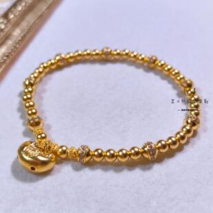 足金传承古法金点钻工艺4mm金珠如意福袋金锁天然钻石黄金手串