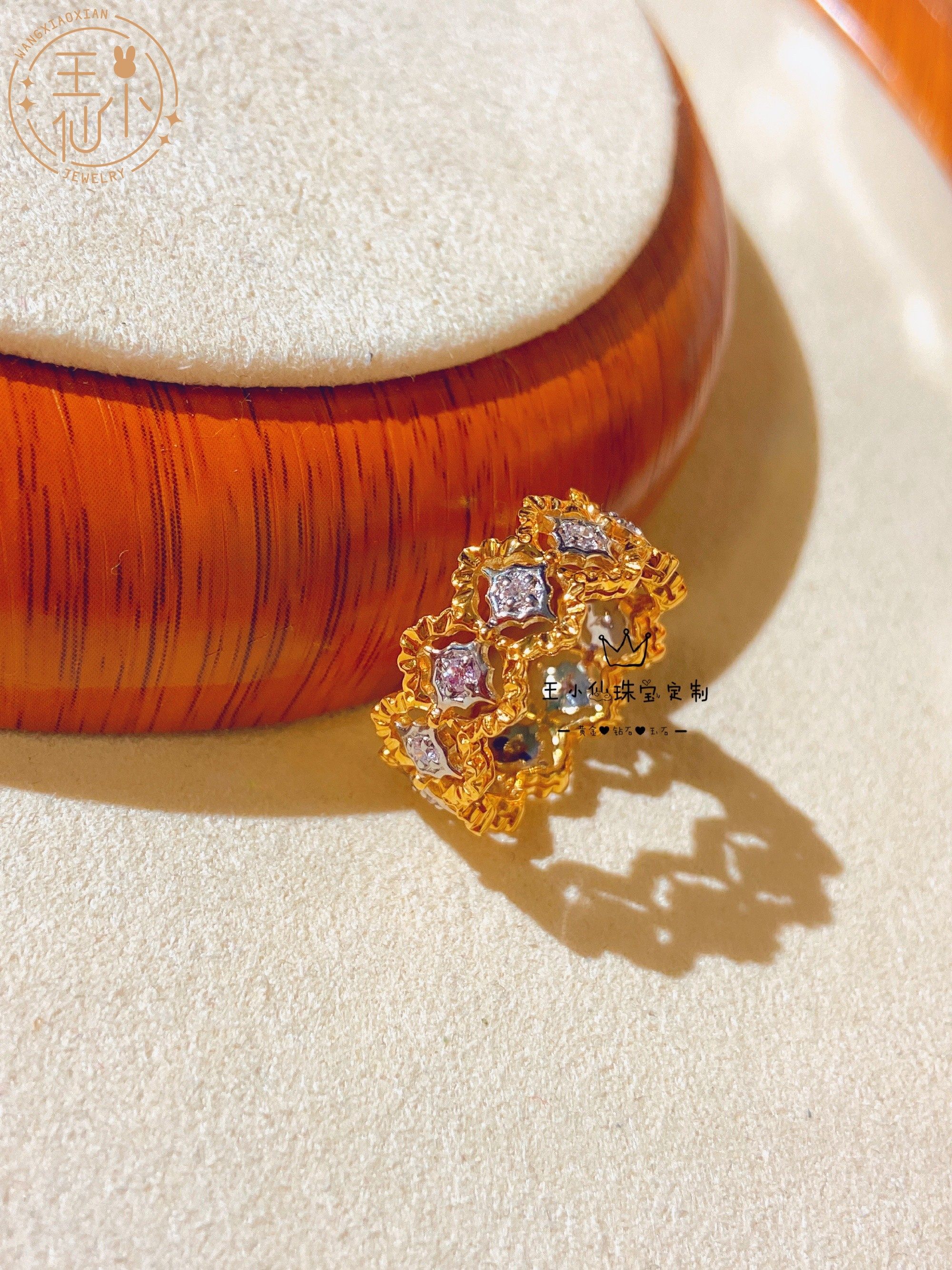 王小仙珠宝 18K金黄金色 白金色 天然钻石镶嵌宫廷巴洛克蕾丝戒指